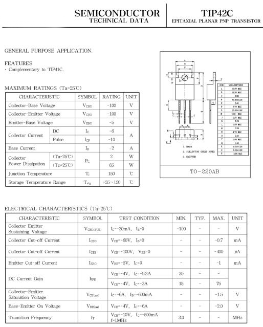 TIP42C參數引腳圖電路應用及TIP42C規格書
