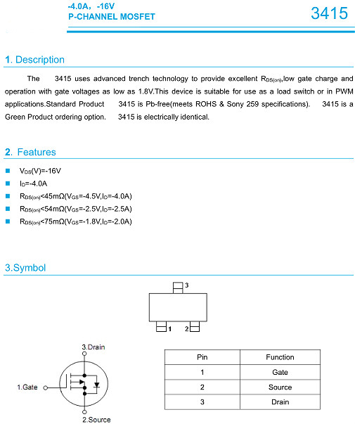 MOS管,-4.0A/-16V,3415 MOS管,-4.0A/-16V,3415