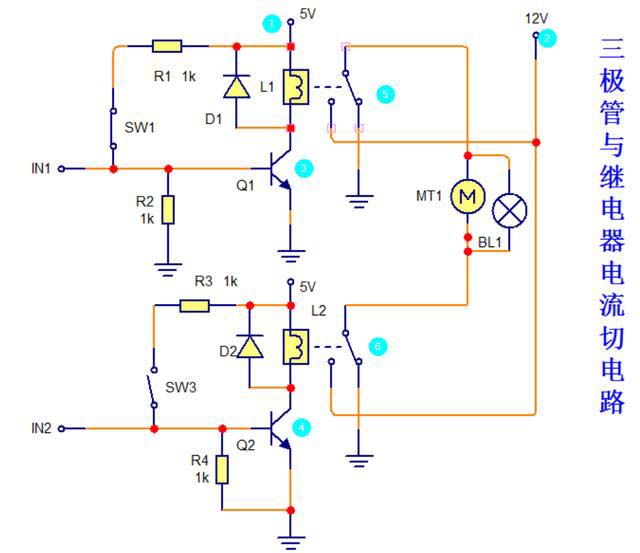 三極管與繼電器電流切換電路,可以讓負載工作在兩種狀態下 三極管與繼電器電流切換電路,可以讓負載工作在兩種狀態下