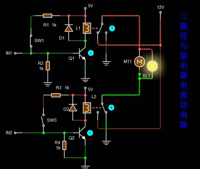 三極管與繼電器電流切換電路,可以讓負載工作在兩種狀態下 三極管與繼電器電流切換電路,可以讓負載工作在兩種狀態下
