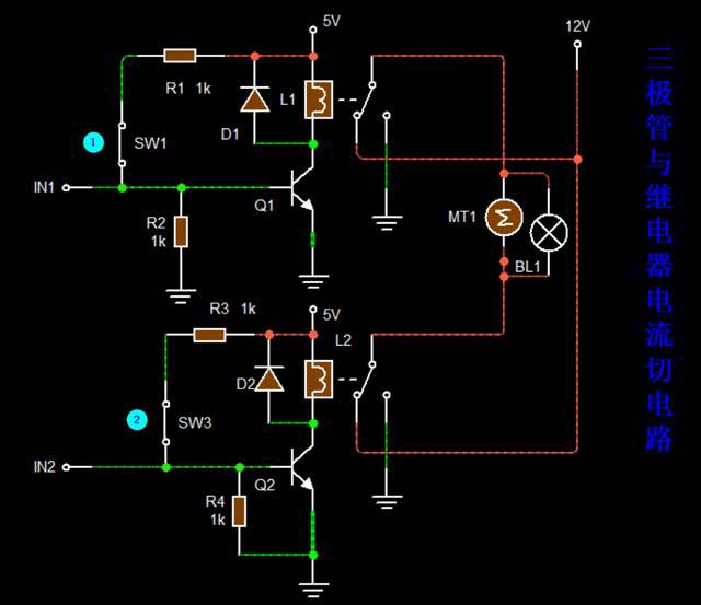 三極管與繼電器電流切換電路,可以讓負載工作在兩種狀態下 三極管與繼電器電流切換電路,可以讓負載工作在兩種狀態下