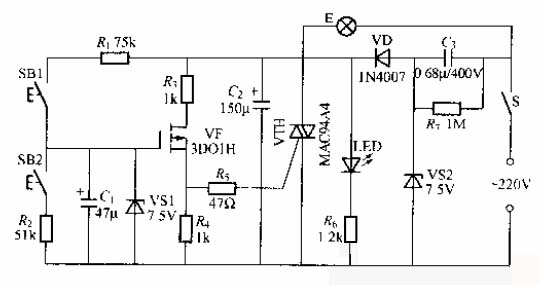 雙按鍵場效應管調(diào)光燈電路圖
