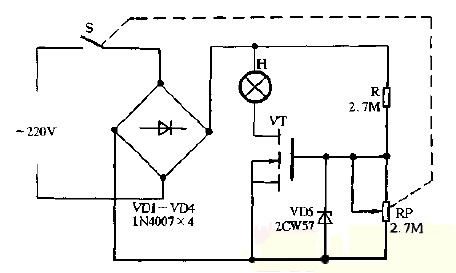 采用V-MOS場效應管的無級調光器圖解