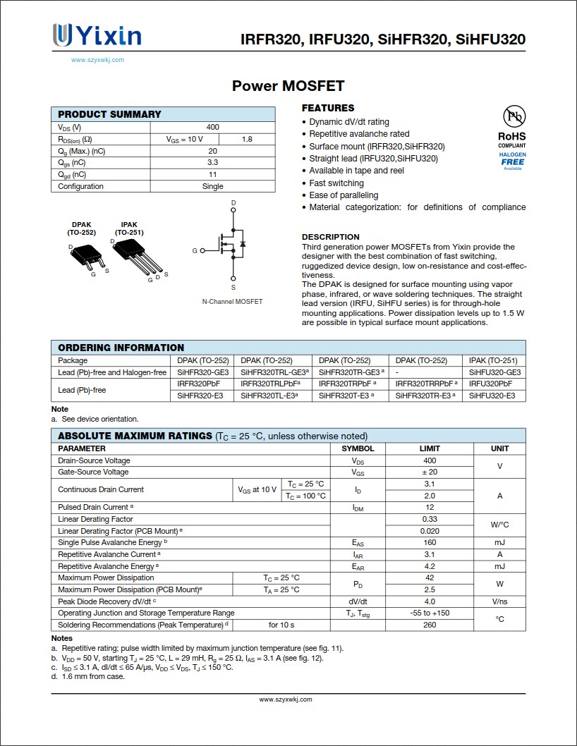 SiHFR320規格書 SiHFR320規格書