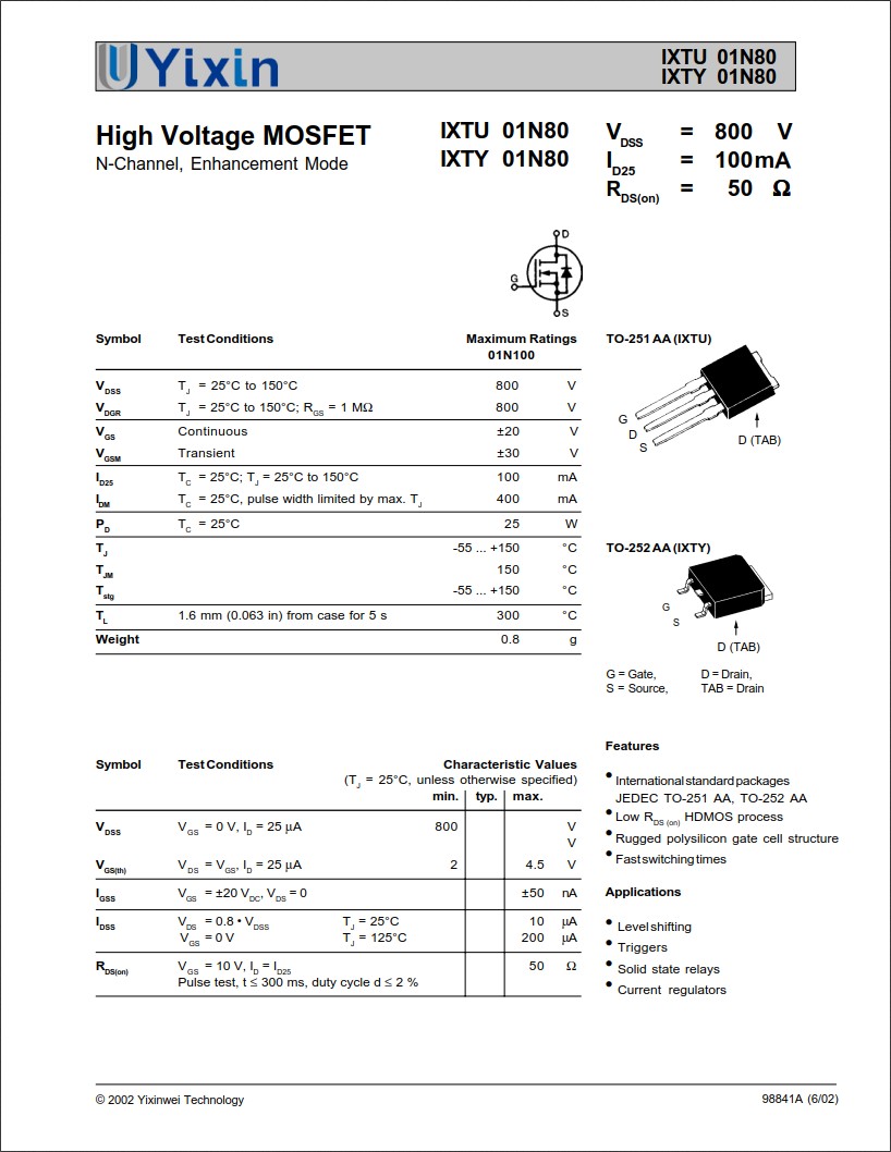 IXTY01N80規格書 IXTY01N80規格書