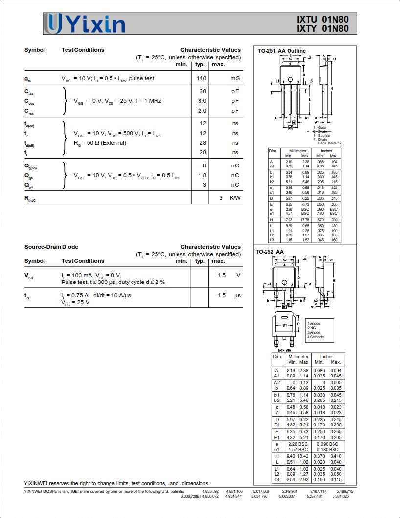 IXTY01N80規格書 IXTY01N80規格書