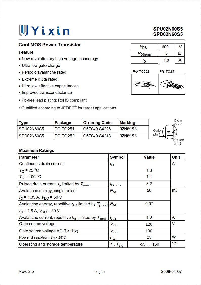 SPD02N60S5規(guī)格書(shū) SPD02N60S5規(guī)格書(shū)