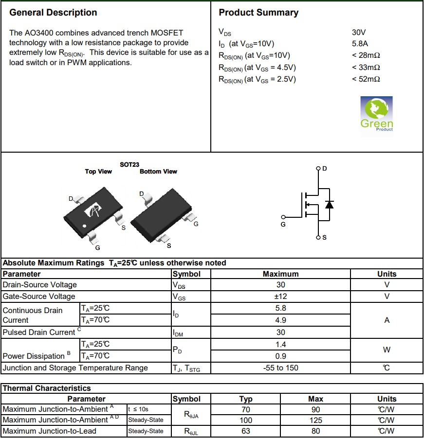 AO3400規格書 AO3400規格書