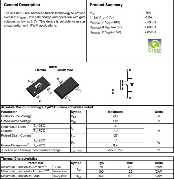AO3401規格書 AO3401規格書