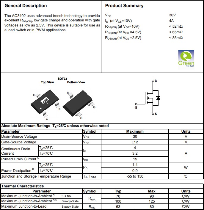 AO3402絕對(duì)最大額定參數(shù) AO3402絕對(duì)最大額定參數(shù)