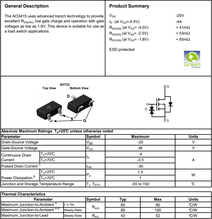 AO3415絕對最大額定參數(shù)