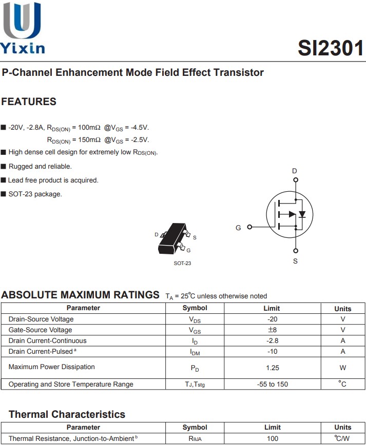 SI2301絕對最大額定參數
