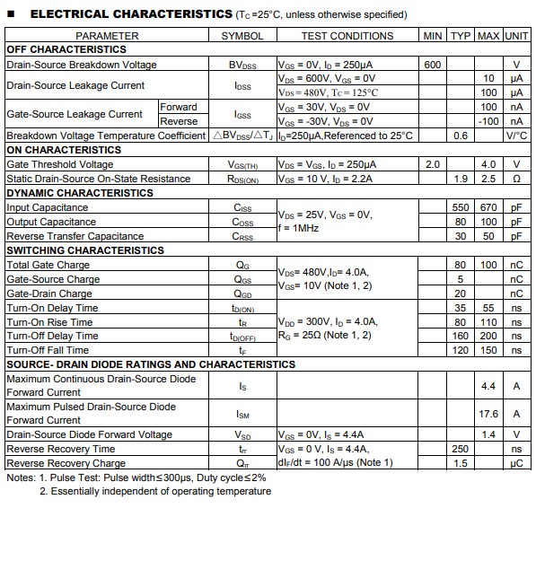 4N60電氣特性參數 4N60電氣特性參數