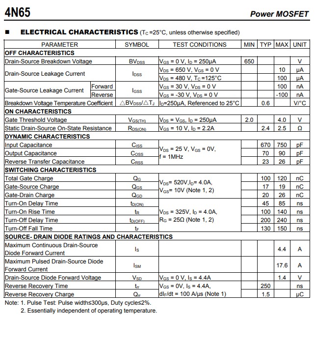 4N65電氣特性參數 4N65電氣特性參數