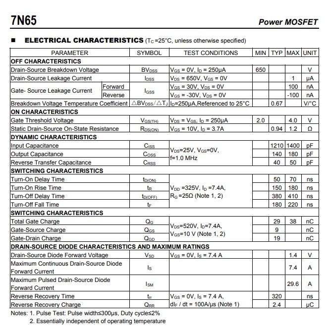 7N65電氣特性參數