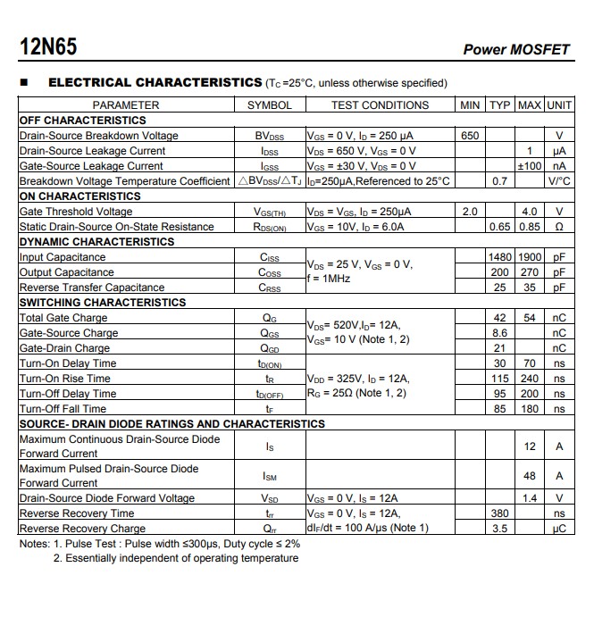12N65電氣特性參數 12N65電氣特性參數