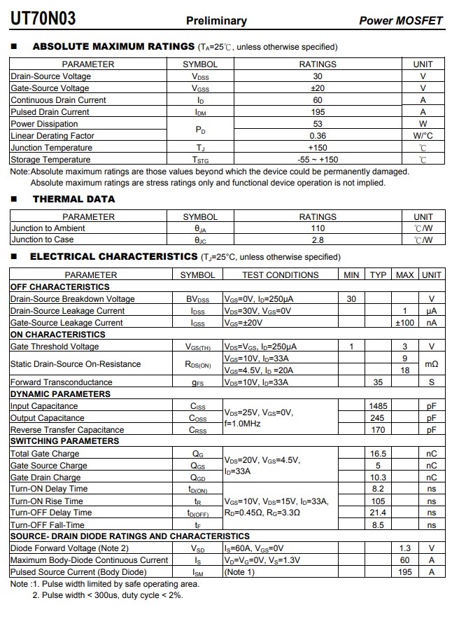 70N03絕對最大額定參數與電氣特性