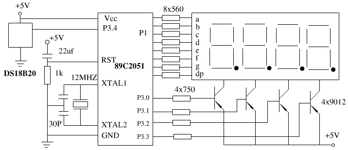 基于DS18B20的溫度測量裝置電路圖