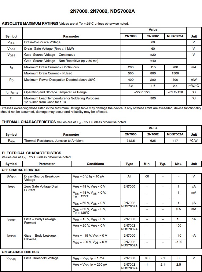 2N7002絕對額定最大參數(shù)與電氣特性等 2N7002絕對額定最大參數(shù)與電氣特性等