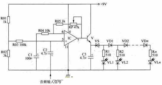 LED電平指示器帶有可調增益放大級的電路圖 LED電平指示器帶有可調增益放大級的電路圖