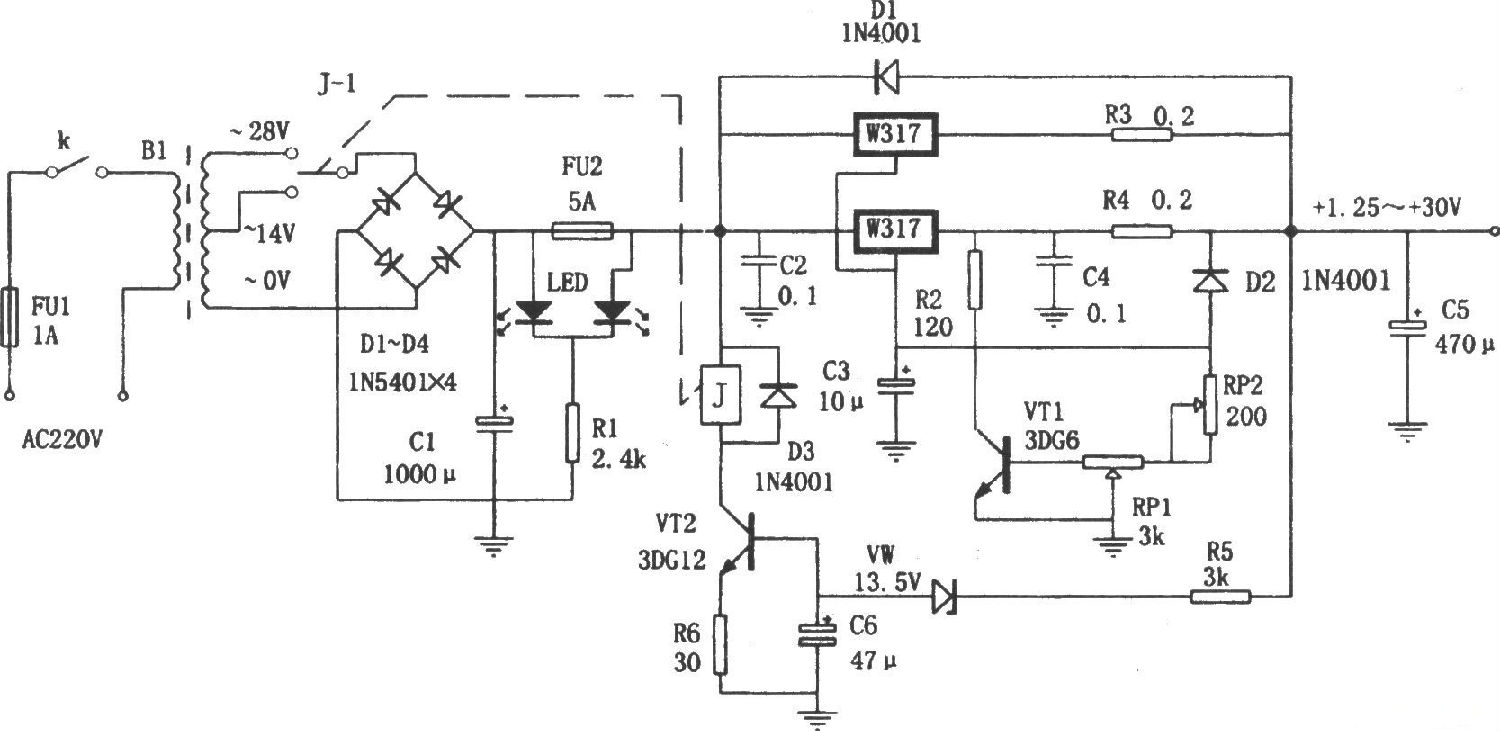 LM317構(gòu)成的自適應(yīng)可調(diào)穩(wěn)壓電源電路