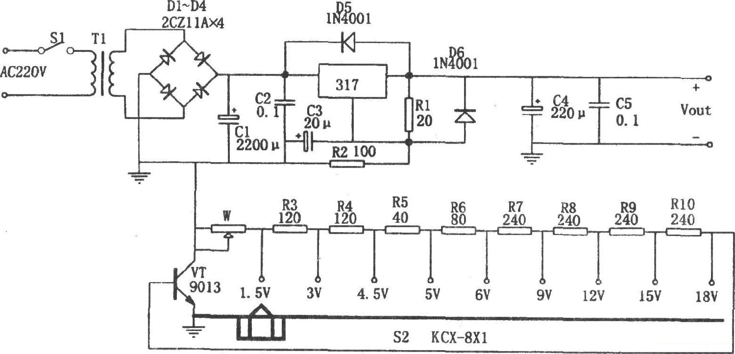 LM317構(gòu)成的分擋可調(diào)直流穩(wěn)壓電源電路