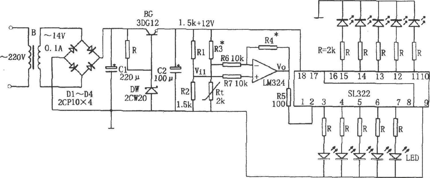 LM324、SL322構(gòu)成的電冰箱溫度顯示器電路